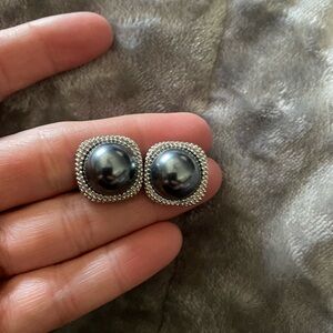 Silver-Tone Black Pearl Button Clip Earrings